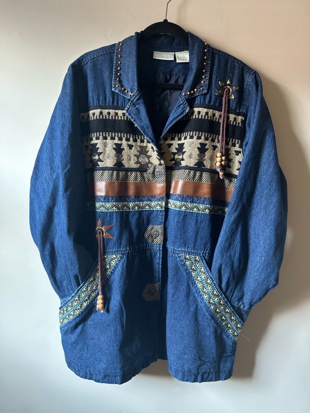 Vintage 80s Boho Western Denim Chore Jacket Embroidered Tapestry Festival Cotton